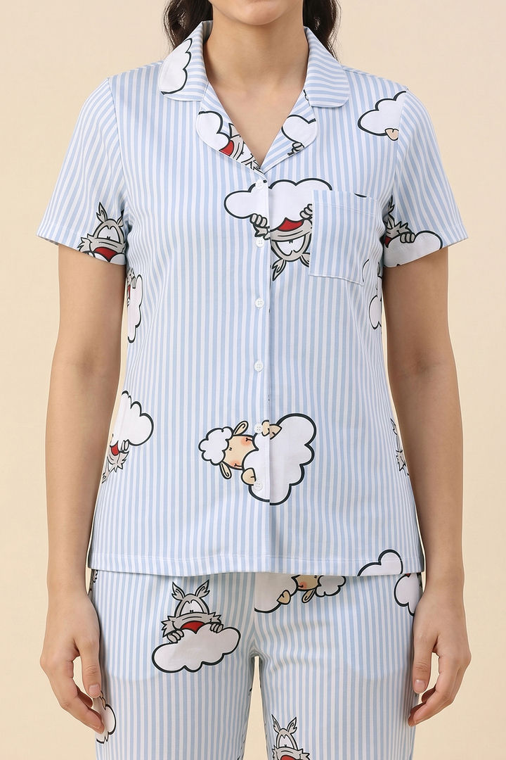 Zivame Farm Lore Knit Cotton Pyjama Set - Chambray Blue — image 5